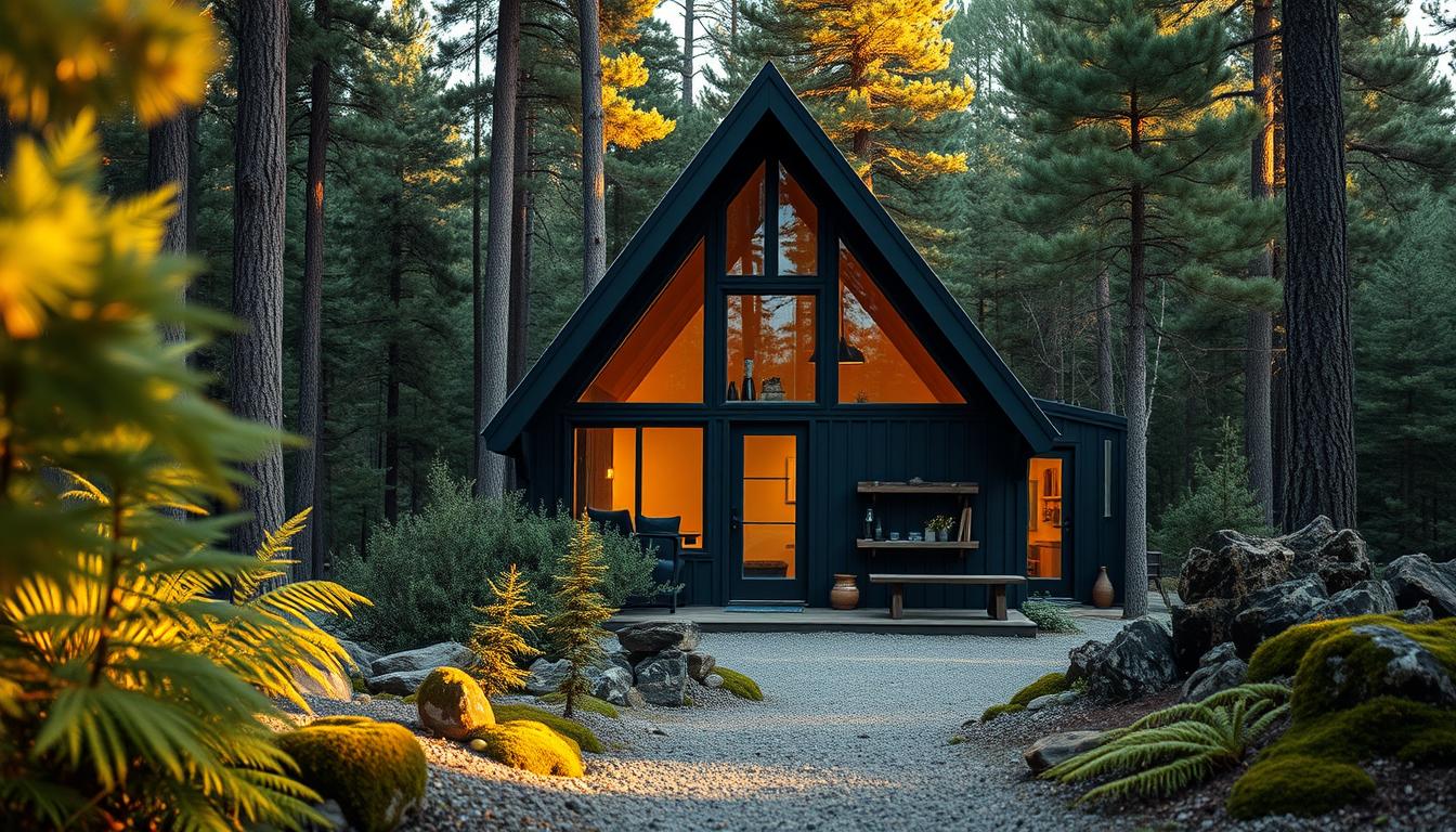 Black A-Frame Cabin in Pine