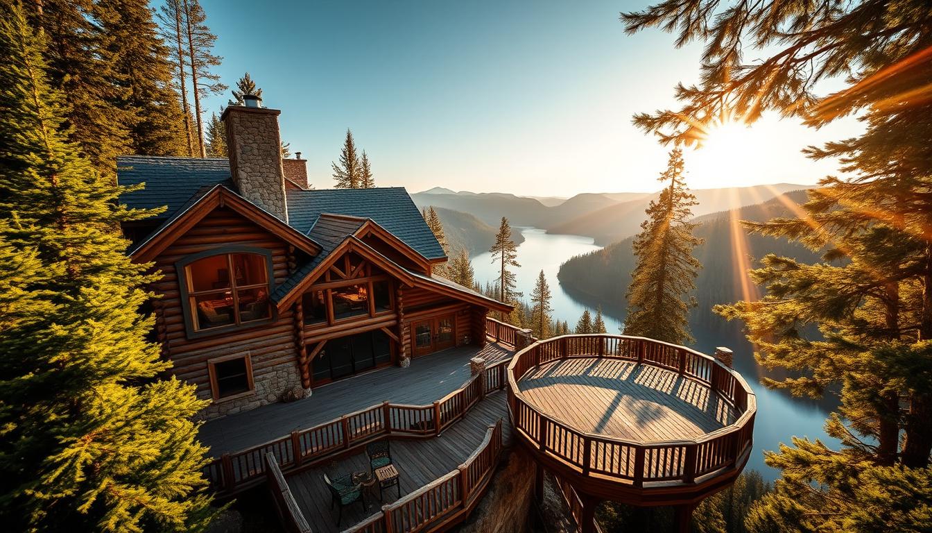cliffside log cabin with massive deck