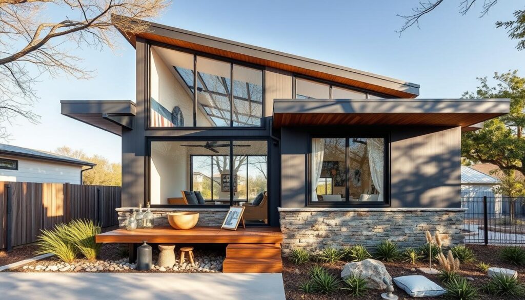 A beautifully crafted tiny home in the heart of Austin, Texas, showcasing a custom design that invites stillness. The structure is a harmonious blend of modern and rustic elements, with clean lines and warm, natural materials. Tall, panoramic windows bathe the interior in soft, natural light, creating a serene and contemplative atmosphere. A sleek, gabled roof caps the design, casting gentle shadows across the façade. The exterior features a carefully curated palette of weathered wood, textured stone, and polished metal accents, reflecting the region's unique character. Artfully placed landscaping elements, such as lush greenery and carefully selected decorative pieces, complement the overall aesthetic. The resulting image captures the essence of this custom-designed tiny home - a tranquil oasis amidst the vibrant city of Austin.