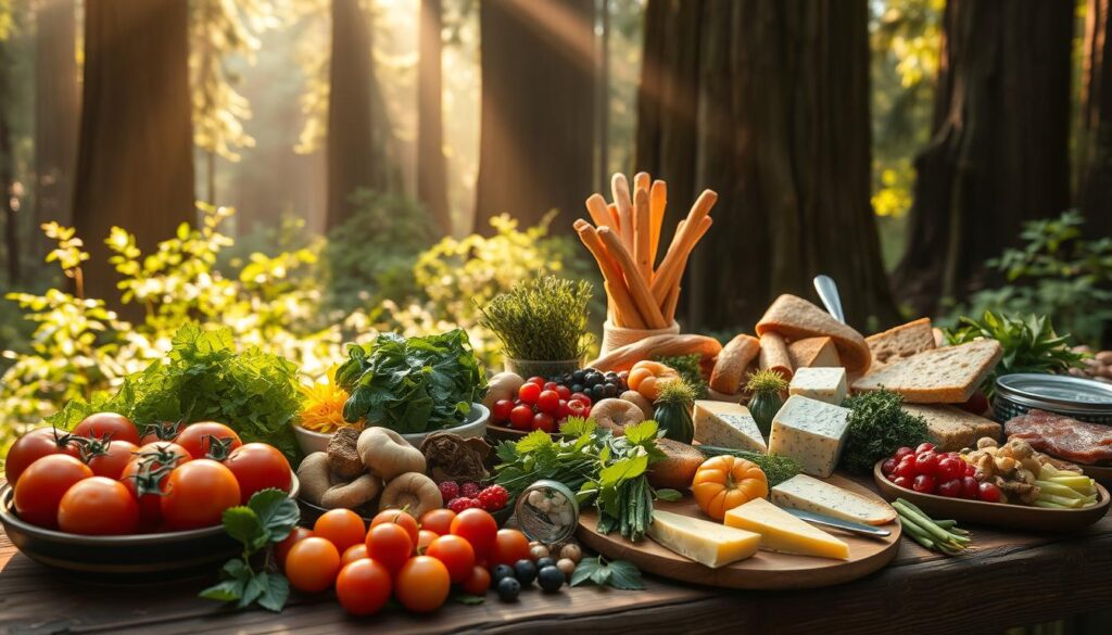 A bountiful feast of organic, locally-sourced ingredients laid out on a rustic wooden table, bathed in warm, golden sunlight filtering through the towering redwoods. In the foreground, a vibrant array of colorful, freshly-picked produce - plump tomatoes, crisp leafy greens, earthy mushrooms, and juicy berries. In the middle ground, artisanal breads, fragrant herbs, and a selection of artisanal cheeses and cured meats. In the background, the verdant, misty forest setting creates a serene, rejuvenating atmosphere, inviting you to savor this nourishing repast and find inner peace amidst the ancient, towering trees.