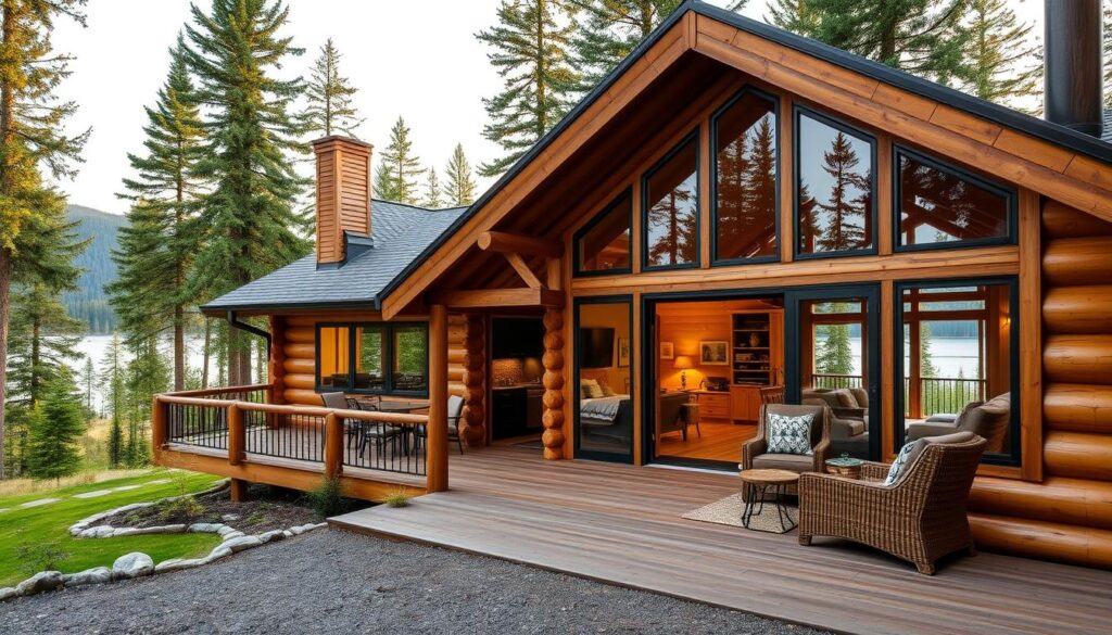 A brand new, cozy cabin nestled in the serene forests of Eastern Washington. The exterior features expertly crafted logs, a wraparound porch, and large windows that bathe the interior in warm, natural light. The cabin's modern amenities are visible through the open entryway, showcasing a sleek kitchen, plush furnishings, and a crackling fireplace. The surrounding landscape is lush and verdant, with towering pine trees and a tranquil lake in the distance, creating a picturesque and peaceful retreat.