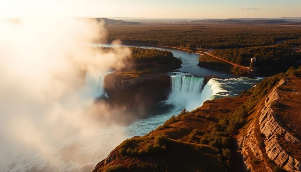 A breathtaking aerial view of the iconic Niagara Falls, showcasing the powerful cascading waters that plunge over the rugged cliffs. In the foreground, the misty spray rises up, creating a hazy, ethereal atmosphere. The middle ground features the picturesque Horseshoe Falls, its crescent-shaped crest a stunning display of natural wonder. In the background, lush green forests and rolling hills frame the dramatic landscape, adding depth and a sense of tranquility. The scene is illuminated by warm, golden sunlight, casting a warm glow over the entire tableau. Captured with a wide-angle lens, the image conveys the grandeur and scale of this natural marvel, inviting the viewer to imagine standing at the edge of this awe-inspiring natural wonder.