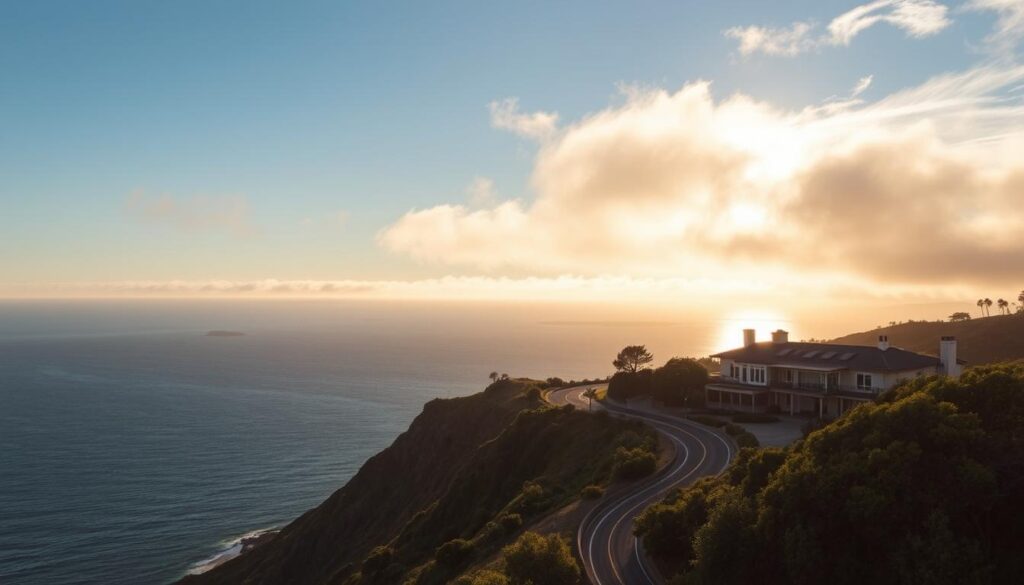 A breathtaking, cinematic landscape of the iconic Post Ranch Inn nestled atop the rugged cliffs of Big Sur, California, overlooking the vast, azure expanse of the Pacific Ocean. The foreground features the hotel's distinctive architectural design, seamlessly blending with the natural surroundings. Midground showcases the winding, scenic coastal road, flanked by lush, verdant foliage. The background depicts the boundless, horizon-spanning ocean, illuminated by warm, golden-hour sunlight filtering through wispy, ethereal clouds. The scene evokes a sense of tranquility, exclusivity, and a profound connection to the unspoiled beauty of the California coastline.