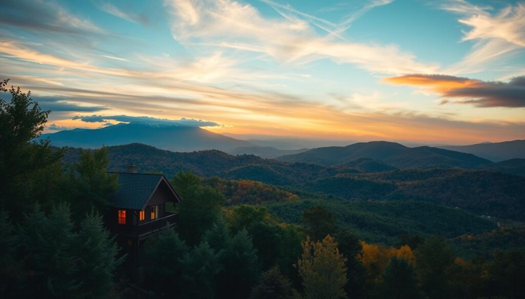 A breathtaking landscape of the western North Carolina experience, captured with cinematic flair. In the foreground, a cozy treehouse nestled amidst lush, verdant foliage, its warm glow casting a inviting ambiance. The middle ground reveals rolling hills blanketed in a tapestry of autumn hues, while the distant mountains rise majestically, their peaks capped with a dusting of pristine snow. Warm, golden sunlight filters through wispy clouds, bathing the scene in a soft, ethereal glow. A sense of tranquility and natural harmony permeates the air, inviting the viewer to immerse themselves in the serene beauty of this picturesque mountain retreat.