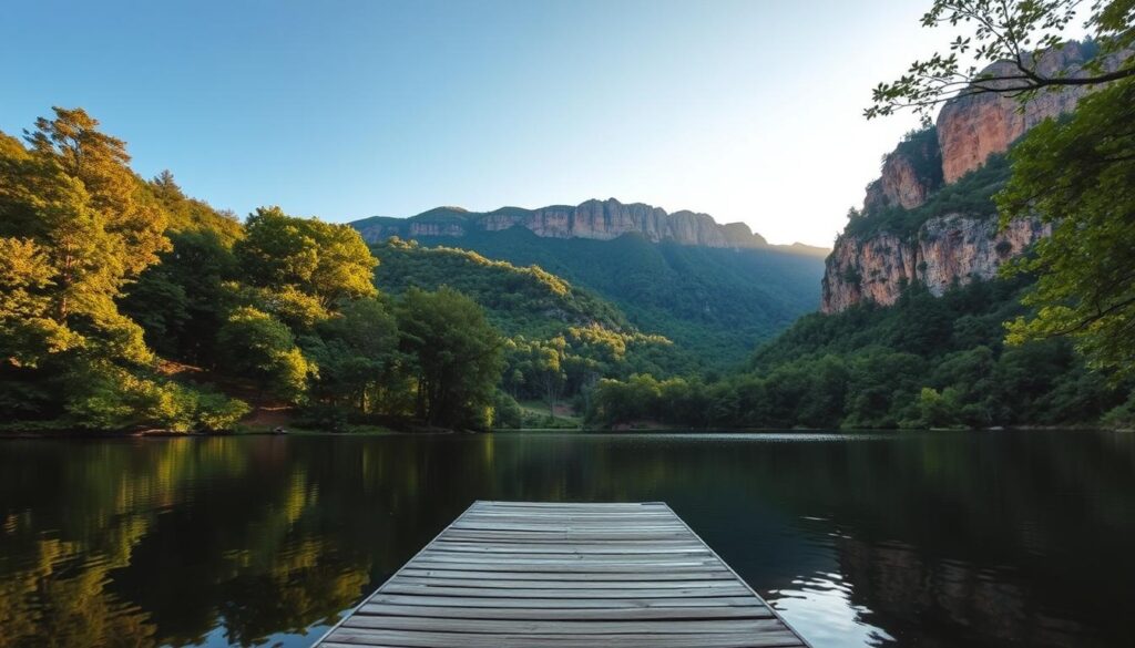A breathtaking landscape unfolds, where the rolling hills of the Cumberland Plateau meet the tranquil waters of a hidden lake. In the foreground, a wooden dock stretches out, inviting visitors to pause and soak in the serene ambiance. Towering trees line the shore, their lush foliage casting dappled shadows on the still surface. The middle ground reveals a gently winding trail, leading deeper into the verdant forest, promising a journey of discovery. In the distance, the rugged cliffs of the plateau rise majestically, their weathered faces bathed in warm, golden light. A sense of timeless calm and restorative energy permeates the scene, beckoning those seeking solace and connection with nature.