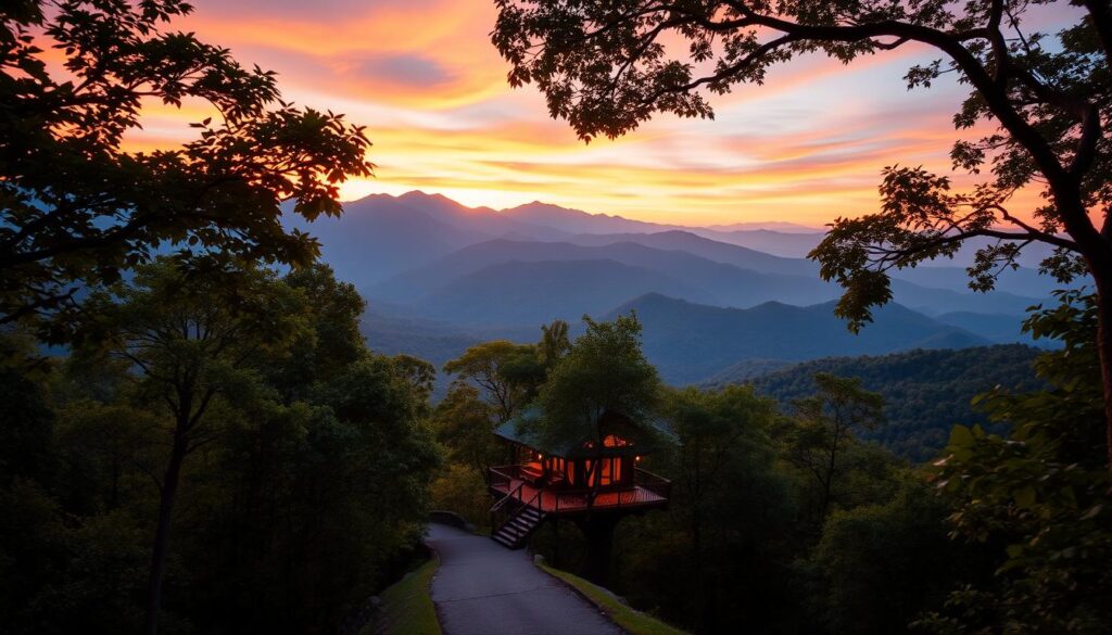 A breathtaking mountain vista, the rugged peaks of the Appalachian range rising majestically against a vibrant sunset sky. In the foreground, a cozy treehouse nestled amid a canopy of lush, verdant foliage, its warm glow casting a welcoming ambiance. Soft natural lighting filters through the branches, illuminating the tranquil scene with a golden hue. A winding path leads towards the treehouse, inviting the viewer to step into this enchanting retreat and experience the serenity of the Western North Carolina wilderness. The mood is one of peaceful solitude, a romantic escape from the world, or a chance for family bonding in a setting of pure natural beauty.