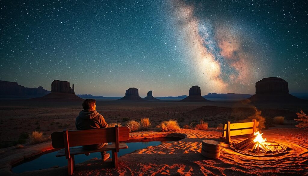 A breathtaking night sky stretches above a serene desert landscape, dotted with towering rock formations and rolling hills. The milky way galaxy shimmers overhead, its vibrant stars and celestial bodies reflected in a tranquil pool below. In the foreground, a lone stargazer sits on a weathered wooden bench, enraptured by the awe-inspiring cosmic display, their face illuminated by the soft glow of a campfire. The scene is bathed in a warm, golden light, creating a cozy, intimate atmosphere that invites the viewer to pause, breathe deeply, and connect with the natural wonders of the world.