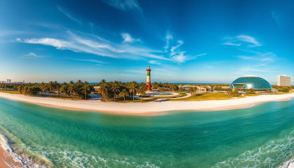 A breathtaking panoramic view of the Mississippi Gulf Coast, capturing the essence of the region's top attractions. In the foreground, pristine white sand beaches stretch out, kissed by the gentle lapping of turquoise waves. Towering palm trees sway gracefully, casting dappled shadows on the shore. In the middle ground, the iconic lighthouse of Biloxi stands tall, its beacon guiding ships through the sparkling waters. In the distance, the iconic Mississippi Aquarium rises, its modern architecture gleaming in the warm, golden sunlight. The sky above is a brilliant azure, with wispy clouds drifting lazily overhead, creating a serene and tranquil atmosphere. This idyllic scene perfectly encapsulates the coastal charm and natural beauty that make Mississippi's Gulf Coast a premier vacation destination.