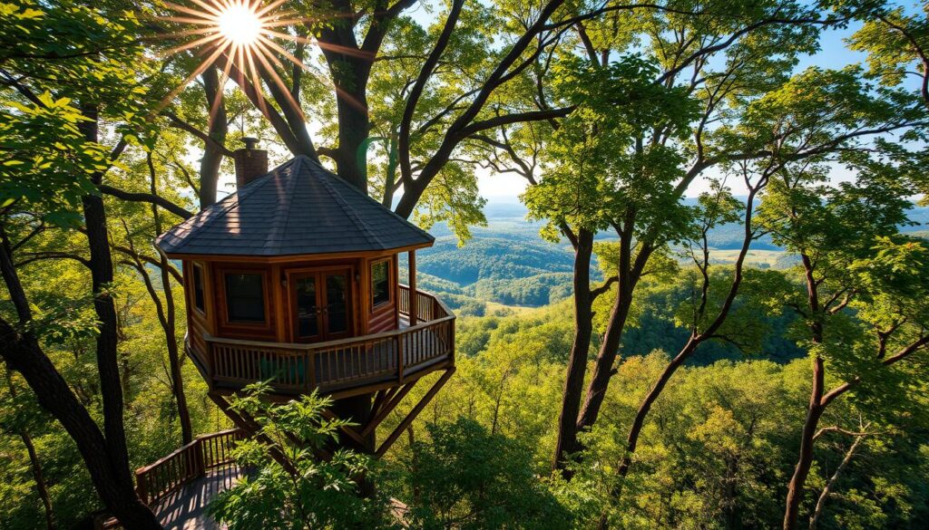 A breathtaking treehouse nestled among the lush, verdant canopy of the Appalachian forest in Asheville, North Carolina. Sunlight filters through the leaves, casting a warm, golden glow over the wooden structure. The treehouse's wraparound deck offers a panoramic view of the rolling hills and distant mountains, creating a serene and enchanting retreat. The camera's wide-angle lens captures the treehouse's rustic charm, blending seamlessly with the natural surroundings. The overall scene evokes a sense of tranquility, adventure, and a connection to the great outdoors, perfectly showcasing why Asheville's treehouses are the ultimate getaway destination.