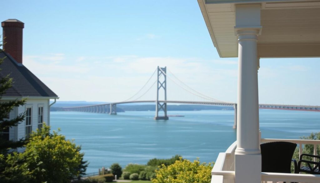 A breathtaking view of the Mackinac Bridge, captured from the tranquil Bridgeview House. In the foreground, the picturesque cottage with its charming architecture and well-manicured gardens. The middle ground features the iconic suspension bridge, its graceful arches and cables gleaming in the soft, natural lighting. The background is dominated by the serene waters of the Straits of Mackinac, reflecting the bridge and the azure sky above. The scene exudes a sense of peaceful solitude, inviting the viewer to imagine themselves relaxing on the porch, taking in the magnificent panorama. A truly idyllic setting that perfectly encapsulates the charm and beauty of Michigan's Upper Peninsula.