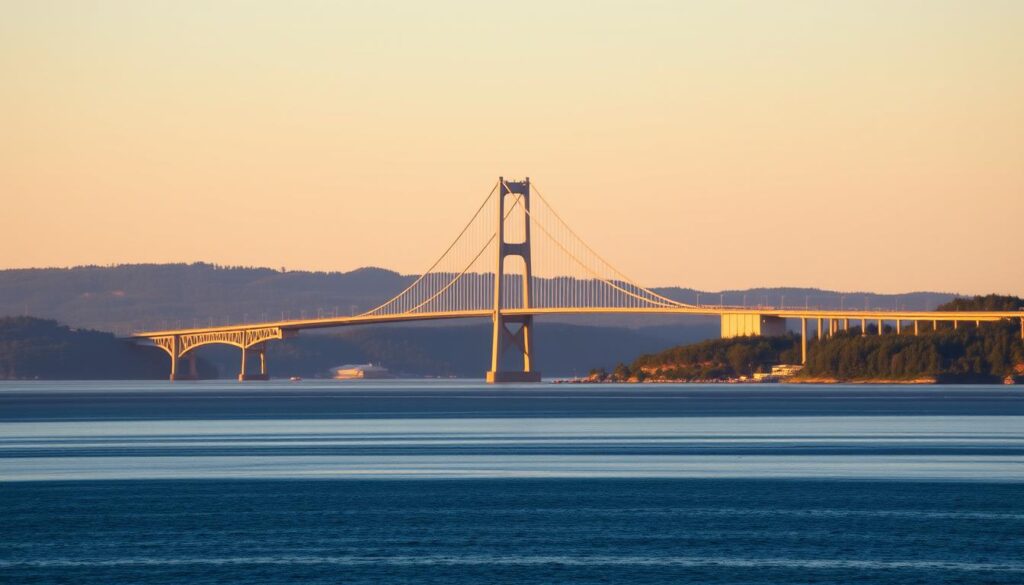 A breathtaking view of the iconic Mackinac Bridge, its graceful suspension cables spanning the Straits of Mackinac in a serene, golden-hour landscape. In the foreground, a tranquil lake reflects the bridge's stunning silhouette, while in the distance, the lush, rolling hills of the Upper Peninsula create a picturesque backdrop. The warm, diffused lighting casts a soft, ethereal glow over the scene, evoking a sense of peace and natural beauty. The overall composition invites the viewer to linger and soak in the captivating panorama, capturing the essence of the bridge's majestic presence and the surrounding natural splendor.