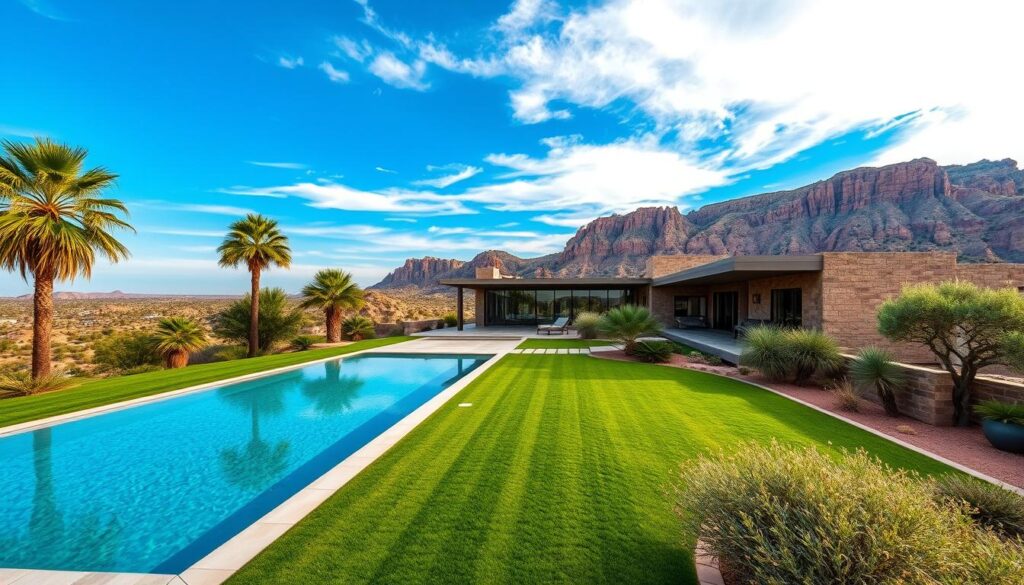 A breathtaking vista of a serene resort nestled in the rolling hills of West Texas. In the foreground, a meticulously manicured lawn leads to a sparkling infinity pool, its glass-like surface reflecting the azure sky above. Towering palms and lush, drought-resistant landscaping frame the scene, creating a sense of seclusion and tranquility. The mid-ground features a striking, modern architecture with clean lines and floor-to-ceiling windows, seamlessly blending indoor and outdoor living. In the distance, the rugged, rust-colored mountains of the Big Bend region rise majestically, their craggy peaks bathed in warm, golden light. This oasis of comfort and design-forward style offers a perfect respite from the demands of everyday life.