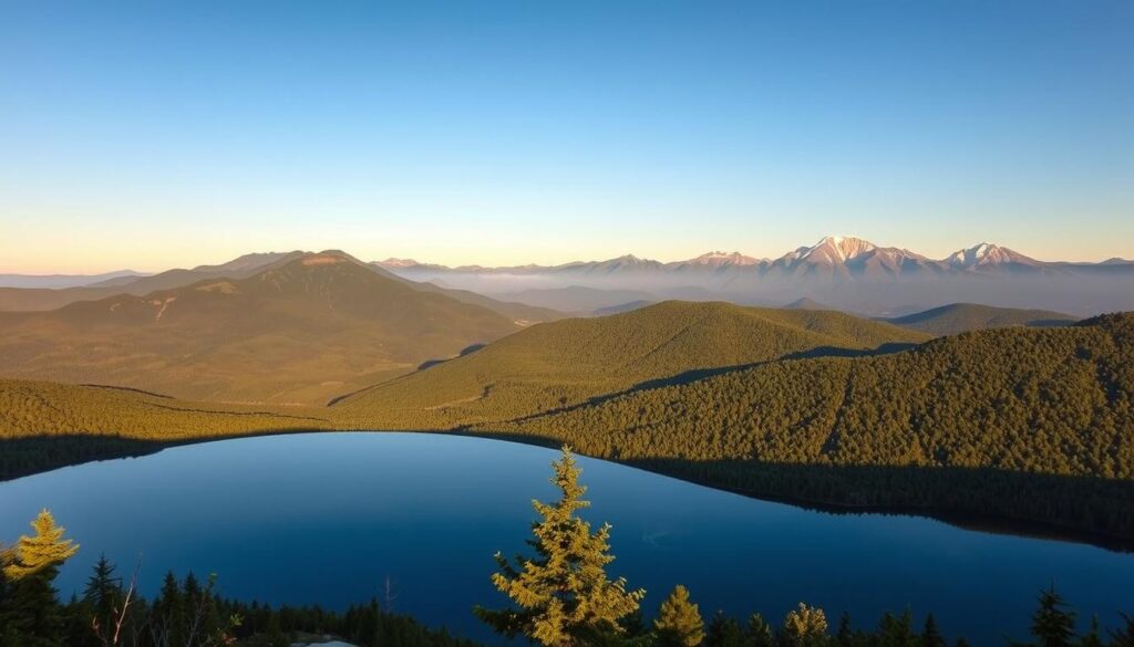 A breathtaking vista of the majestic North Carolina mountains, bathed in the soft golden glow of the setting sun. In the foreground, a serene, crystal-clear mountain lake reflects the surrounding peaks, creating a mirror-like surface. The middle ground features lush, verdant forests blanketing the rolling hills, while the distant background is dominated by the towering, snow-capped summits of the Appalachian range. The scene exudes a sense of tranquility and romance, perfect for a couple's retreat nestled among the natural splendor of Western North Carolina. Captured with a wide-angle lens, the image showcases the grand scale and dramatic beauty of this mountain escape, inviting the viewer to imagine the perfect getaway under the twinkling stars.