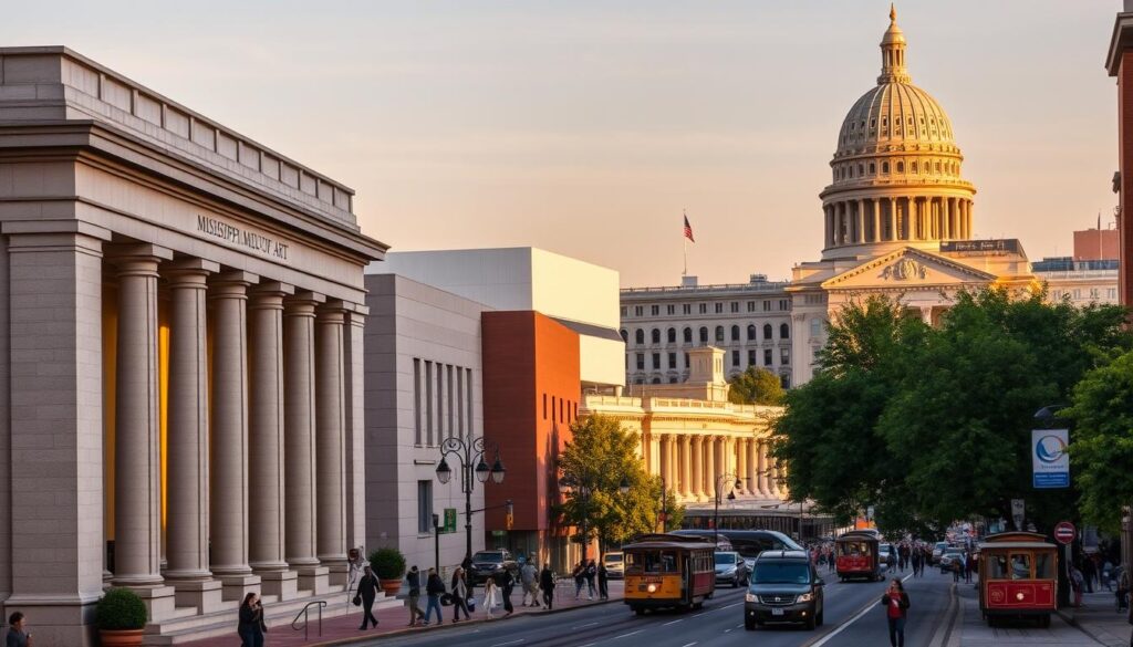 A bustling cityscape of Jackson, Mississippi's vibrant capital city, showcasing its renowned museums and cultural attractions. In the foreground, the elegant granite facade of the Mississippi Museum of Art, its neoclassical columns and expansive windows bathed in warm, golden light. In the middle ground, the sleek, modern silhouette of the Mississippi Civil Rights Museum, its striking architecture reflecting the city's commitment to honoring its past. In the background, the iconic domed State Capitol building, its majestic presence overlooking the lively streets filled with pedestrians and vintage-inspired trolley cars. The scene exudes a sense of civic pride, cultural enrichment, and the unique blend of history and modernity that defines Jackson, Mississippi.