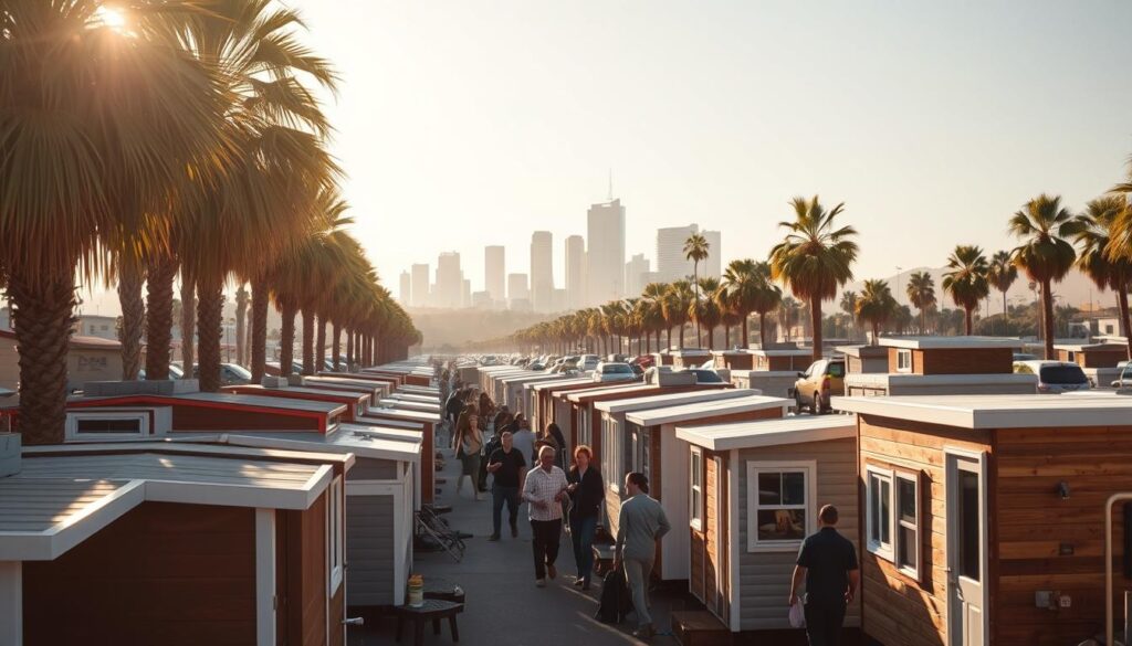 A bustling open-air market in Los Angeles, California, showcasing an array of meticulously crafted tiny homes. In the foreground, a variety of models and sizes are displayed, their compact yet functional designs radiating a sense of cozy sophistication. Warm sunlight filters through the surrounding palm trees, casting a soft glow on the scene. In the middle ground, potential buyers peruse the offerings, examining the details and imagining the possibilities of living in these compact, yet thoughtfully designed abodes. The background features the iconic skyline of LA, a testament to the city's ever-evolving landscape and the growing demand for alternative housing solutions. The overall atmosphere conveys a sense of community, creativity, and the promise of a more sustainable, intentional way of living.