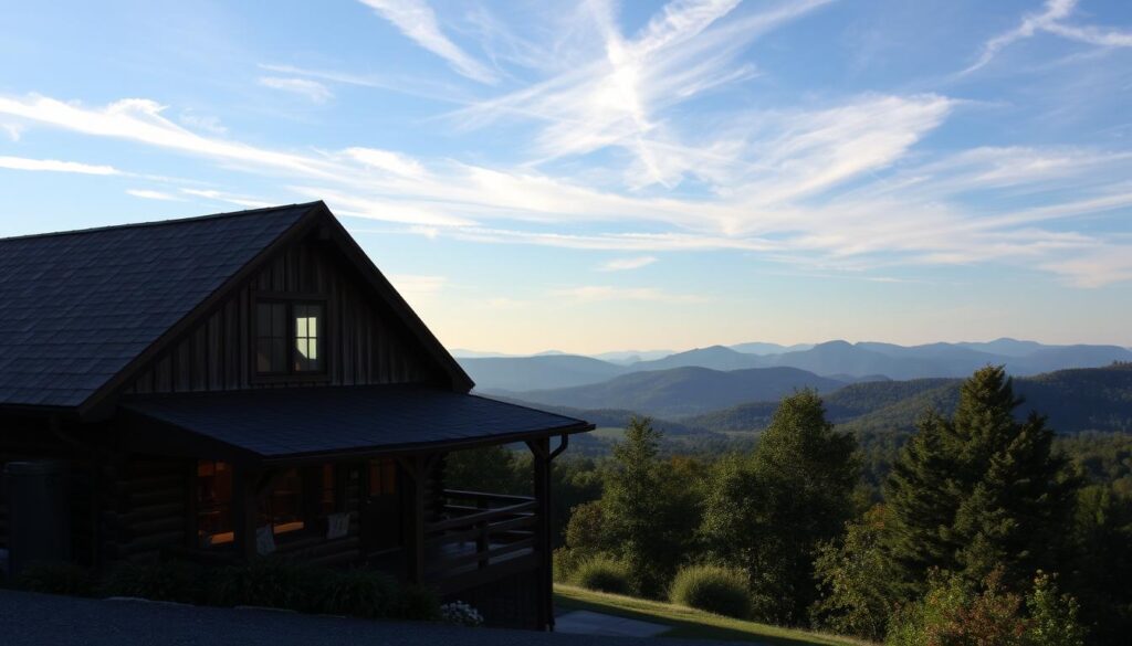 A charming cabin nestled in the serene Blue Ridge Mountains, its weathered wooden exterior complemented by a lush, verdant landscape. Wispy clouds drift across a clear azure sky, casting a soft, romantic glow over the scene. A cozy front porch invites visitors to relax and take in the breathtaking views of rolling hills and distant peaks. The cabin's rustic yet inviting aesthetic seamlessly blends with the tranquil natural surroundings, creating an atmosphere of peaceful seclusion perfect for a couples' retreat. Warm, diffused lighting filters through large windows, illuminating the interior's warm, earthy tones and lending an air of intimate comfort. This quaint mountain rental exemplifies the quiet charm and natural beauty that defines the Blue Ridge region.