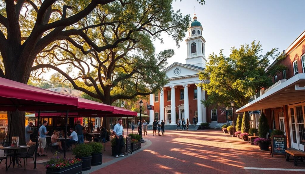 A charming college town nestled in the heart of Mississippi, Oxford showcases its vibrant Square - a bustling hub of local cuisine, boutique shops, and historic architecture. Capture the warm, inviting atmosphere of this quintessential Southern locale, with students and locals mingling under the dappled sunlight filtered through towering oak trees. Highlight the picturesque Courthouse at the center, its stately white columns and clock tower presiding over the lively scene. In the foreground, render the quaint brick-paved sidewalks lined with colorful awnings and cafe tables, creating a welcoming pedestrian-friendly ambiance. Use a medium-wide lens to convey the sense of place, with a soft, golden-hour lighting that casts a cozy glow over the entire composition.