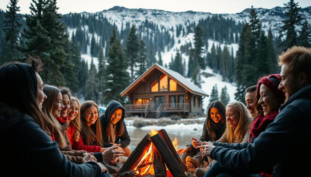 A close-knit group of people from diverse backgrounds, gathered in a cozy mountain retreat. The foreground features a circle of friends, smiling and engaged in lively conversation, their faces lit by the warm glow of a central campfire. In the middle ground, a picturesque wooden lodge stands amidst a backdrop of towering pine trees and snow-capped peaks, radiating a sense of welcoming and inclusion. The lighting is soft and natural, casting gentle shadows and highlighting the communal spirit of the scene. The overall atmosphere conveys a feeling of unity, belonging, and shared experiences in a serene, alpine setting.