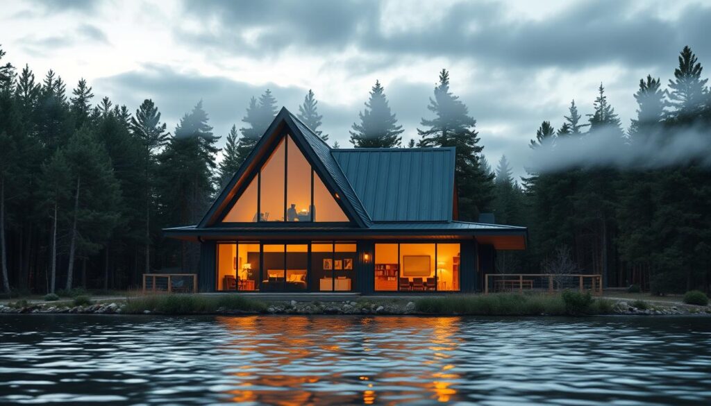 A cozy Scandi-inspired A-frame cabin nestled amidst towering pines, with a warm glow emanating from its expansive windows. The sleek, angular roof lines contrast beautifully with the surrounding natural landscape, creating a harmonious blend of modern and rustic elements. In the foreground, a gentle lake reflects the cabin's inviting facade, while wispy clouds drift overhead, casting a soft, diffused light over the serene scene. The interior is visible through the large windows, hinting at a minimalist, Scandinavian-inspired design aesthetic with natural wood accents. This image captures the perfect balance of simplicity, comfort, and connection to the great outdoors that epitomizes the quintessential lakefront cabin retreat.