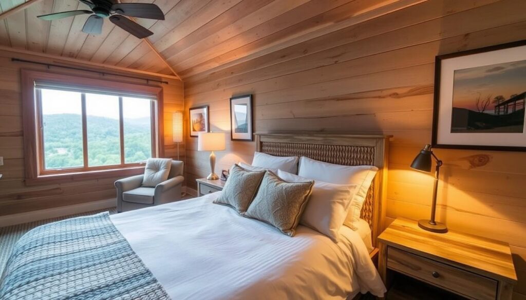 A cozy and inviting bedroom nestled in the heart of the Cumberland Plateau, filled with warm lighting and natural textures. The focal point is a plush, king-size bed adorned with crisp, white linens and a cozy knit throw. Wooden nightstands flank the bed, each with a glowing table lamp casting a soft, ambient glow. In the corner, a comfortable armchair sits beside a large window, offering sweeping views of the lush, rolling hills outside. The walls are decorated with nature-inspired artwork, complementing the earthy, neutral color palette. The overall atmosphere exudes a sense of tranquility and relaxation, perfect for a rejuvenating Cumberland Plateau getaway.