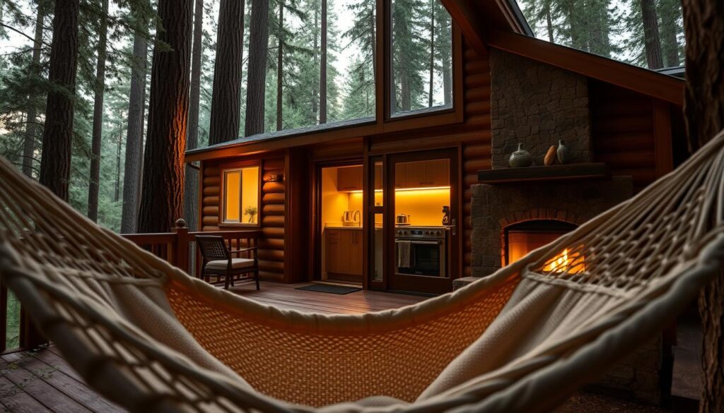 A cozy and inviting cabin nestled in the heart of the towering redwood forest, its warm, earthy tones and natural textures reflecting the serene, restorative environment. In the foreground, a comfy hammock sways gently, inviting you to sink into its embrace and let the worries of the outside world fade away. The middle ground features a well-equipped kitchenette, its sleek, minimalist design blending seamlessly with the rustic surroundings. In the background, a crackling fireplace casts a soft, golden glow, setting the mood for a peaceful, introspective retreat. Soft, diffused lighting filters through the cabin's large windows, highlighting the plush furnishings and natural materials that create a sense of comfort and relaxation. This healing hideaway is the perfect sanctuary for those seeking to reconnect with the restorative power of the redwood forest.
