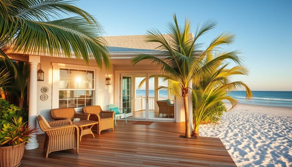 A cozy beachfront bungalow nestled on the "Forgotten Coast" of Florida, surrounded by swaying palm trees and lush tropical foliage. The sun-dappled porch, with its inviting wicker furniture, offers a serene spot to admire the stunning Gulf of Mexico views. Inside, the bungalow's whitewashed walls and natural wood accents create a tranquil, beach-inspired ambiance. Warm, golden light filters through large windows, illuminating the open-concept living space. Smooth, polished hardwood floors lead to a sliding glass door that opens directly onto the pristine, powdery sand beach. A gentle ocean breeze and the soothing sound of waves lapping against the shore complete this idyllic, romantic beachside retreat.