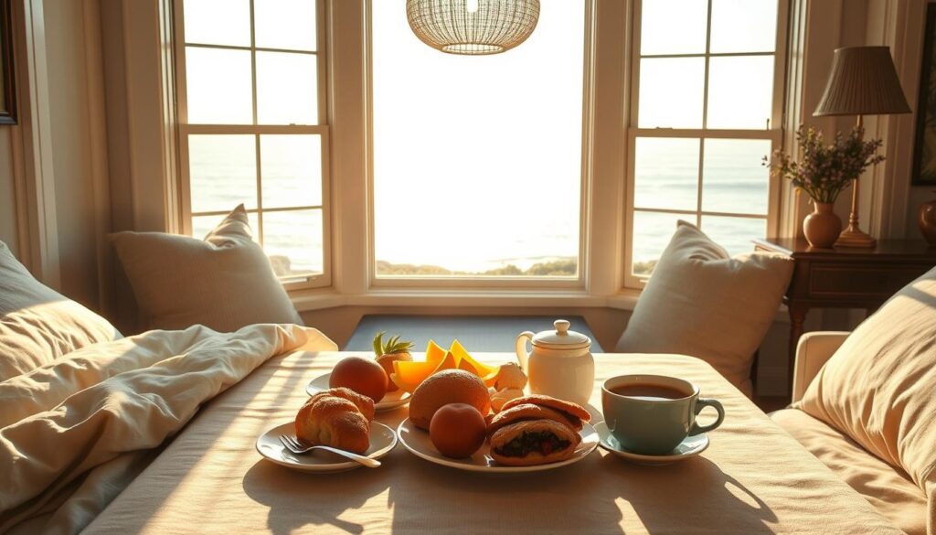 A cozy breakfast scene at a quaint seaside cottage in Mendocino, California. The table is set with freshly baked pastries, farm-fresh fruit, and a steaming cup of coffee, all bathed in warm, golden morning light streaming through large bay windows overlooking the vast, shimmering ocean. Plush, luxurious bedding and soft, plush linens complement the rustic, yet refined decor, creating a serene and inviting atmosphere to elevate your stay. The composition is balanced, with the foreground focused on the delectable breakfast spread, the middle ground showcasing the stunning ocean view, and the background hinting at the charming cottage interior. The overall mood is one of relaxation, comfort, and a sense of effortless elegance.