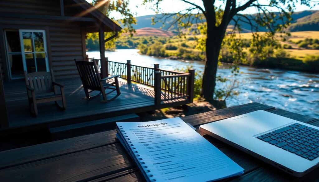 A cozy bungalow by a serene river, its wooden deck and rocking chairs overlooking the gently flowing waters. Sunlight filters through the trees, casting a warm, golden glow over the scene. In the foreground, a neatly organized set of booking notes and a laptop, hinting at the planning and availability tips for this idyllic riverside retreat. The background reveals a picturesque landscape, with rolling hills and lush greenery, creating a peaceful and inviting atmosphere. The composition strikes a balance between the practical aspects of booking and the tranquil natural setting, inspiring a sense of relaxation and anticipation for the perfect Tennessee getaway.