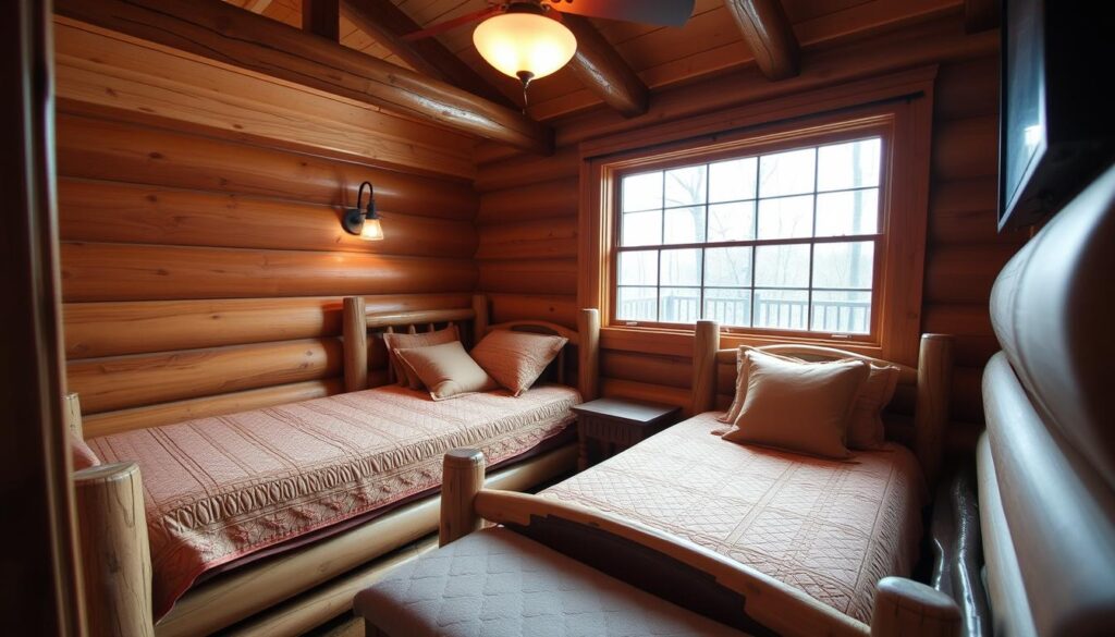 A cozy cabin bedroom with a pair of matching twin-sized cabin beds, crafted from rustic wood and adorned with plush bedding and pillows in warm, earthy tones. The beds are positioned against a large window, allowing natural light to stream in and illuminate the space. The room has a charming, intimate atmosphere, perfect for a romantic weekend getaway or a small group retreat. Soft lighting fixtures create a gentle ambiance, complementing the cabin's wooden beams and accents. The overall scene evokes a sense of peaceful seclusion, ideal for couples or small groups seeking a tranquil escape in the Tennessee countryside.