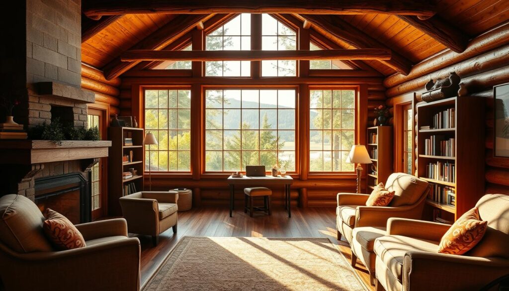A cozy cabin interior with warm, natural lighting filtering through large windows. Wooden floors, walls, and exposed beams create a rustic, serene atmosphere. Plush armchairs and a fireplace in the foreground invite relaxation, while a writing desk and bookshelves in the middle ground suggest a space for quiet contemplation. Outside, lush greenery and a scenic landscape are visible through the windows, adding to the tranquil ambiance. The overall composition conveys a sense of peace and solitude, perfect for a private retreat.