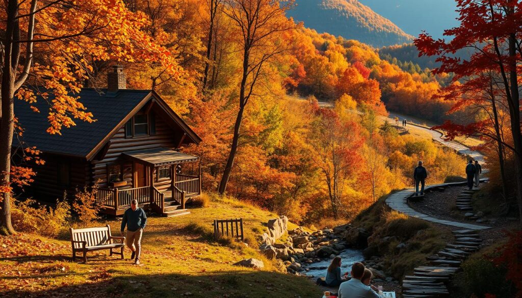 A cozy cabin nestled among vibrant autumn foliage, its warm glow casting a soft light across a winding mountain trail. In the foreground, a couple walks hand-in-hand, taking in the breathtaking vistas of the Blue Ridge Mountains. The middle ground features a family enjoying a picnic, surrounded by golden leaves and a babbling brook. In the distance, silhouettes of hikers ascend a wooded path, their adventure unfolding against a backdrop of fiery reds and burnished oranges. Crisp, natural lighting illuminates the scene, capturing the essence of an autumn escape in North Carolina's serene wilderness.