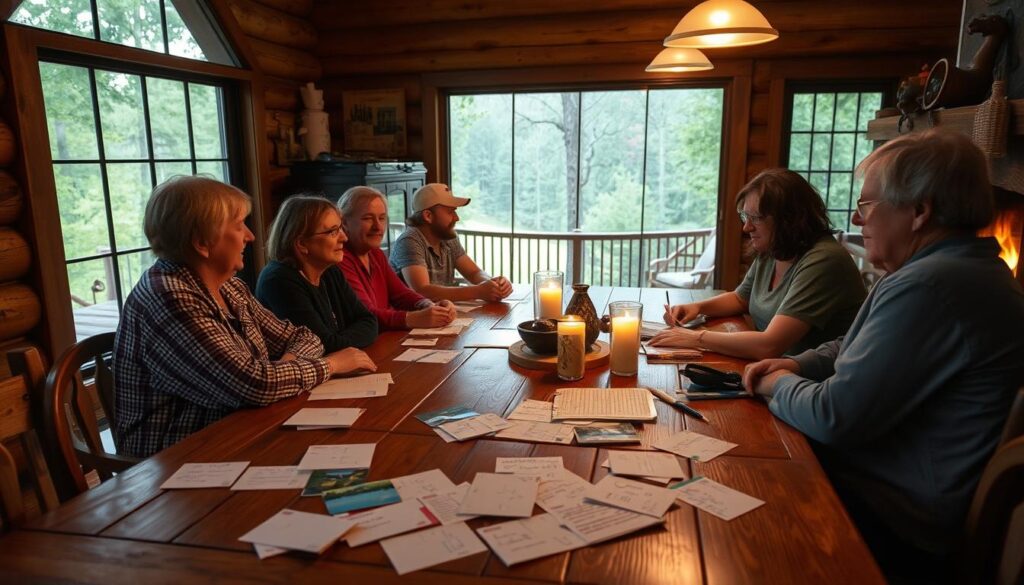 A cozy cabin nestled in Alabama's picturesque Black Belt region, with guests sitting around a rustic wooden table, sharing heartfelt reviews and anecdotes. Soft, warm lighting from a nearby fireplace casts a tranquil glow, complementing the natural wood tones and earthy textures of the intimate setting. In the foreground, handwritten notes and postcards are scattered, capturing the genuine, personal nature of the feedback. In the background, a panoramic window overlooks the lush, verdant landscape, hinting at the "felt-like-home" vibes of the unplugged retreat experience.