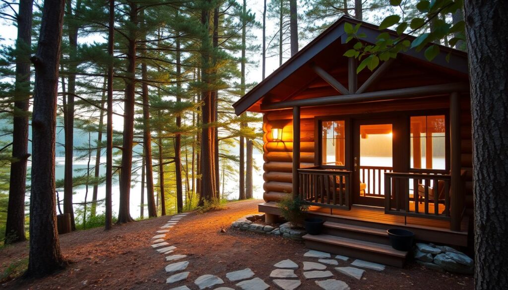 A cozy cabin nestled in a lush Tennessee forest, its rustic exterior framed by towering pines and a quaint stone path leading to the entrance. Warm light spills from the windows, inviting guests to step inside and experience the serene tranquility of a remote weekend getaway. The cabin's charming porch overlooks a picturesque lake, its still waters reflecting the surrounding landscape. Soft natural lighting filters through the trees, creating a romantic, inviting atmosphere. The scene exudes a sense of peaceful solitude, perfect for those seeking a rejuvenating escape in the heart of Tennessee's natural beauty.