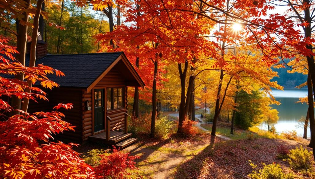A cozy cabin nestled in a lush forest, surrounded by vibrant hues of red, orange, and yellow foliage. The cabin's rustic exterior blends seamlessly with the natural landscape, inviting you to step inside and immerse yourself in the serene atmosphere. Sunlight filters through the canopy, casting a warm glow on the scene, highlighting the intricate patterns of the leaves. In the distance, a winding path leads to a tranquil lake, where the reflections of the autumn trees dance on the calm waters. This idyllic setting is the perfect backdrop to savor the beauty of the changing seasons and enjoy a peaceful retreat. A cozy cabin nestled in a lush forest, surrounded by vibrant hues of red, orange, and yellow foliage. The cabin's rustic exterior blends seamlessly with the natural landscape, inviting you to step inside and immerse yourself in the serene atmosphere. Sunlight filters through the canopy, casting a warm glow on the scene, highlighting the intricate patterns of the leaves. In the distance, a winding path leads to a tranquil lake, where the reflections of the autumn trees dance on the calm waters. This idyllic setting is the perfect backdrop to savor the beauty of the changing seasons and enjoy a peaceful retreat.
