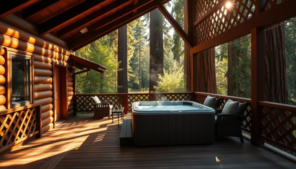 A cozy cabin nestled in a lush redwood forest, with a steaming hot tub on the expansive wooden deck. The rustic structure is bathed in warm, golden light, casting a peaceful glow over the serene surroundings. Tall, majestic redwood trees tower in the background, their rich burgundy bark and verdant foliage creating a picturesque natural backdrop. The deck's intricate lattice design casts dynamic shadows, adding depth and texture to the scene. The hot tub's bubbling waters invite relaxation, while the plush outdoor furniture beckons guests to unwind and soak in the tranquil ambiance. An inviting pathway leads towards the cabin, its wooden planks weathered by time, adding to the charm of this idyllic retreat.