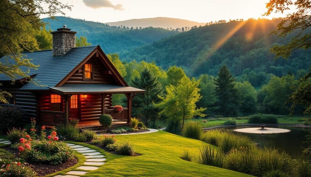 A cozy cabin nestled in the heart of Tennessee's lush, verdant forests, with a warm glow from its windows illuminating the tranquil scene. Rustic wooden beams and a stone chimney add to the charming, inviting atmosphere. In the foreground, a well-tended garden with vibrant flowers and a path leading to the cabin's entrance. The middle ground features a serene pond, its still waters reflecting the cabin's image. In the background, rolling hills and towering trees create a serene, peaceful landscape, bathed in soft, golden sunlight filtering through the canopy. The overall mood is one of tranquility, romance, and the perfect getaway for a weekend retreat.