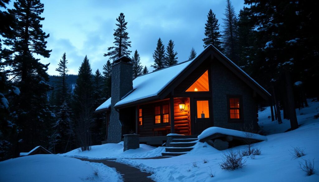 A cozy cabin nestled in the heart of the Crested Butte mountains, surrounded by towering pines and a blanket of fresh snow. The warm glow of candlelight spills out from the cabin's windows, inviting you in from the crisp, winter air. The exterior features weathered, wooden siding and a charming stone chimney, blending seamlessly with the serene, natural landscape. A path of packed snow leads to the cabin's entrance, hinting at the tranquil solitude within. Soft, ambient lighting illuminates the cabin's interior, revealing a rustic, yet inviting space perfect for creative retreats and peaceful contemplation. The overall mood is one of secluded serenity, a haven for writers and dreamers alike.