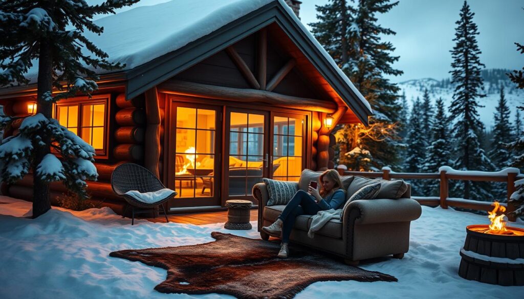 A cozy cabin nestled in the heart of the Rocky Mountains, surrounded by towering pines and a dusting of fresh snow. The warm glow of firelight spills through the windows, inviting you inside to a space filled with rustic charm and intimate ambiance. Curl up on a plush sofa, sipping hot cocoa as you gaze out at the serene, snow-covered landscape. Soft lighting casts a romantic, golden hue, while a bearskin rug and wooden accents add to the cabin's inviting, nature-inspired aesthetic. This is the perfect setting for a peaceful, couples' retreat - a tranquil hideaway where you can escape the world and reconnect with your loved one.