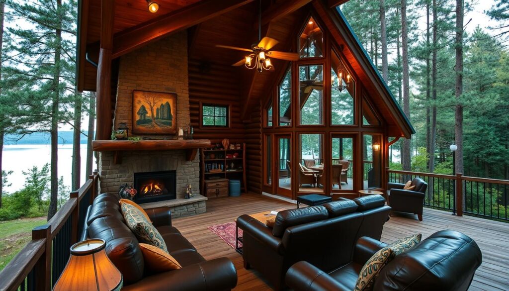 A cozy cabin nestled in the lush Georgia forest, surrounded by towering pines and a serene lake. The interior exudes rustic charm, with exposed wooden beams, a crackling fireplace, and plush leather furnishings. Warm lighting casts a golden glow, creating a tranquil ambiance. Large windows offer panoramic views of the serene landscape, inviting guests to relax and unwind. Nearby, a well-equipped kitchen and a spacious deck with outdoor seating promise a luxurious yet peaceful getaway. This hideaway rental offers the perfect balance of comfort and nature, promising a soul-soothing escape in the heart of Georgia's enchanting wilderness.
