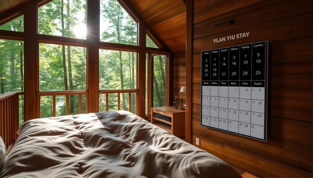 A cozy cabin nestled in the lush Pisgah Forest, sunlight streaming through large windows, illuminating the serene interior. Soft textures of plush bedding and natural wood furnishings create a welcoming atmosphere. A sleek, modern calendar display on the wall showcases the cabin's availability, inviting guests to plan their stay. The scene conveys a sense of tranquility and accessibility, perfectly suited for the "Plan Your Stay" section of the article.