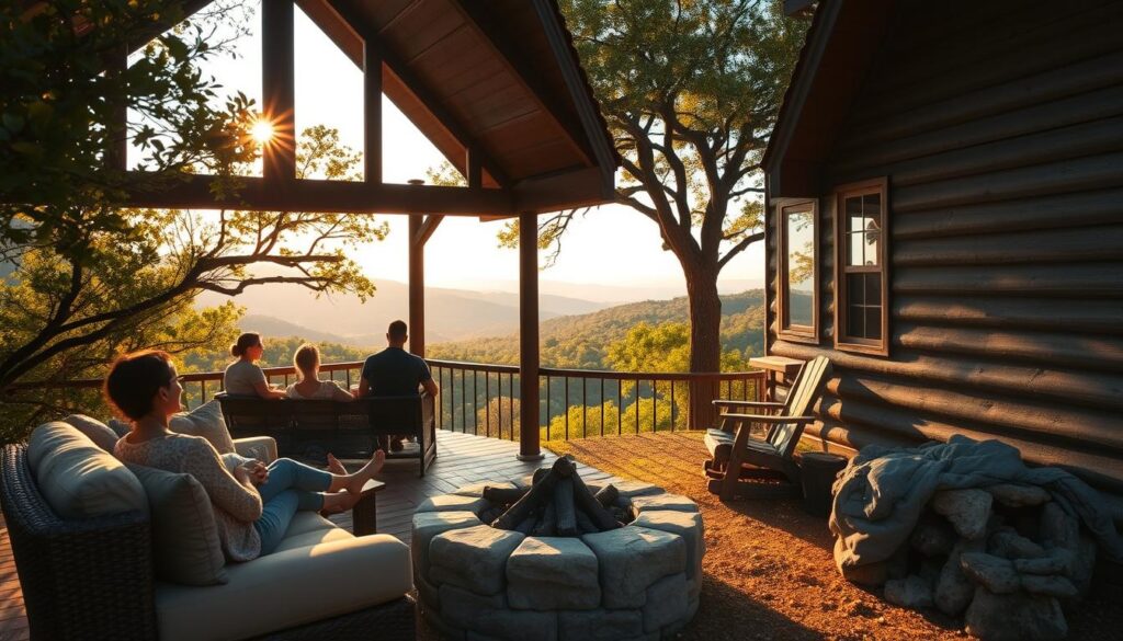 A cozy cabin nestled in the lush, rolling hills of Texas Hill Country. Couples, solo travelers, and small groups gather on the wooden porch, taking in the sweeping vistas of distant peaks and densely forested slopes. Warm, golden light filters through the trees, casting a gentle glow over the serene scene. In the foreground, plush outdoor furniture invites guests to relax and soak in the tranquil atmosphere. The middle ground features a rustic stone firepit, perfect for gatherings and soulful conversations under a star-filled sky. The background showcases the cabin's weathered exterior, blending seamlessly with the natural landscape. This image captures the essence of off-grid retreats that offer spaces for quiet reflection and meaningful connections amidst the beauty of Texas Hill Country.