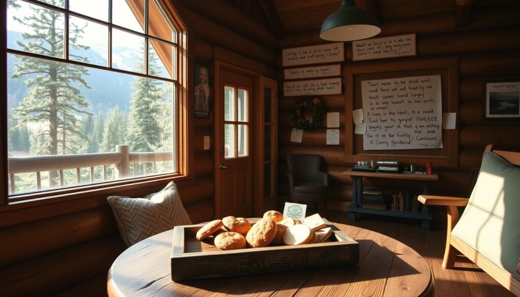 A cozy cabin nestled in the majestic Rockies, its warm wooden exterior framed by towering pines. Through the windows, guests share their heartfelt experiences - handwritten notes and glowing reviews adorn the walls, creating a tapestry of gratitude. Soft natural light filters in, casting a serene glow on the intimate space. In the foreground, a rustic wooden table holds a tray of fresh local treats, inviting visitors to pause and reflect. The atmosphere exudes a sense of tranquility and connection, capturing the essence of the Colorado retreat experience.