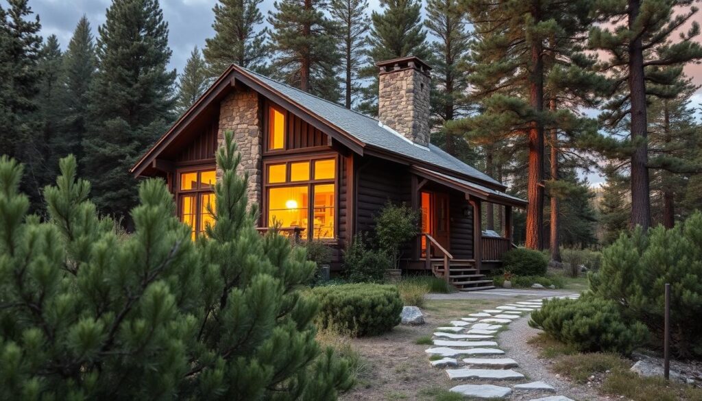 A cozy cabin nestled in the serene Sierra Nevada mountains, surrounded by towering pine trees and a glistening stream. The cabin's rustic exterior, with its weathered wood and stone chimney, blends seamlessly into the natural landscape. Warm, golden light from the large windows spills out, casting a welcoming glow. In the foreground, a path winds through the lush, verdant foliage, inviting you to step inside and immerse yourself in the tranquil retreat. The overall scene exudes a sense of peace, creativity, and inspiration, perfectly capturing the essence of a haven for the creative soul.