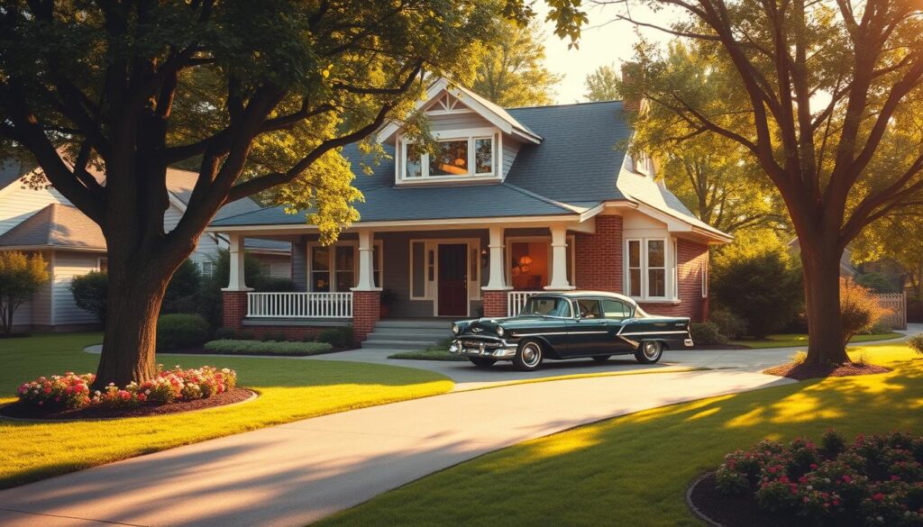 A cozy, charming bungalow nestled in a lush, tree-lined neighborhood, bathed in warm, golden afternoon light. The two-story structure features a welcoming front porch, decorative gables, and a mix of brick and wood siding. The neatly manicured lawn is dotted with vibrant flower beds, leading to a paved driveway where a vintage sedan is parked. Through the windows, we glimpse the inviting interior - a blend of traditional and modern furnishings, hinting at the perfect balance of style and comfort within. The scene radiates an aura of tranquility and the promise of a peaceful weekend retreat.
