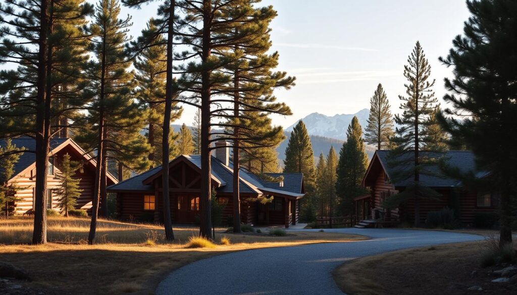 A cozy cluster of log cabins nestled among towering pine trees, with snow-capped mountains rising in the distance. The cabins have warm, inviting exteriors with wooden siding and quaint porches. Wisps of smoke curl from the chimneys, hinting at the comforting interiors. Soft, natural light filters through the trees, casting a serene, golden glow over the scene. The foreground is framed by a winding gravel path leading towards the cabins, while the background is a panoramic vista of the majestic Colorado landscape. This peaceful, rustic setting evokes a sense of tranquility and retreat, perfectly suited for a relaxing getaway.