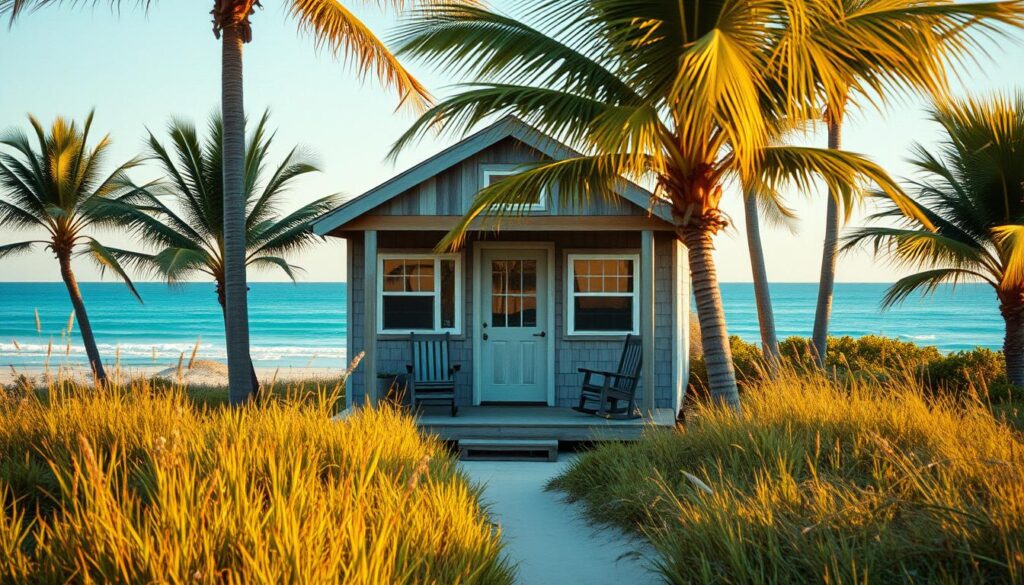 A cozy coastal tiny home nestled among swaying palm trees, its weathered wood siding and pitched roof reflecting the warm glow of the setting sun. In the foreground, a quaint porch with rocking chairs invites you to sit and soak in the salty ocean breeze. The middle ground reveals a path leading to the home, flanked by vibrant beach grasses and wildflowers. In the background, the vast expanse of the turquoise sea meets the horizon, creating a serene and romantic atmosphere. The scene is captured through the lens of a vintage film camera, its soft focus and muted tones evoking a timeless, nostalgic feel.