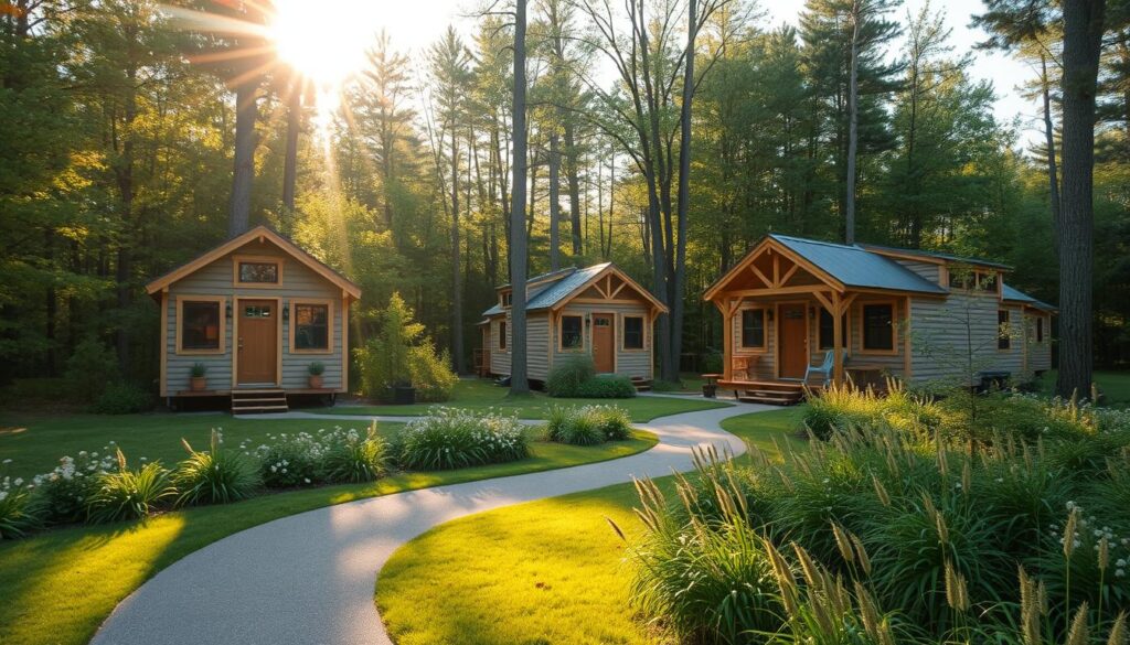 A cozy collection of Traverse City tiny homes nestled in a serene, wooded setting. Sunlight filters through the trees, casting a warm, golden glow on the quaint, well-crafted structures. Each home boasts a charming, minimalist exterior, with clean lines, natural materials, and large windows that invite the outdoors in. The homes are arranged in a thoughtful, harmonious layout, creating a sense of community and connection with nature. In the foreground, a winding path leads visitors through the peaceful, lush landscape, inviting them to slow down, breathe deeply, and savor the tranquility. The overall atmosphere is one of simplicity, comfort, and a deep connection to the natural world.
