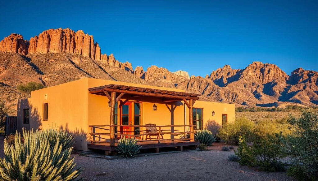 A cozy desert cottage nestled among the rugged peaks of Big Bend, Texas. The warm, earthy tones of the adobe-style building contrast with the vibrant blue sky and towering mountains in the background. A wooden porch wraps around the front, offering a tranquil spot to take in the vast, arid landscape. Lush, drought-tolerant landscaping frames the cottage, creating a serene oasis in the heart of the Chihuahuan Desert. Soft, directional lighting highlights the textures of the natural materials, casting gentle shadows that add depth and dimension to the scene. The overall mood is one of rustic charm and peaceful solitude, inviting guests to relax and immerse themselves in the beauty of the American Southwest.