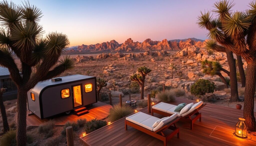 A cozy desert retreat with panoramic vistas of the Joshua Tree National Park. In the foreground, a sleek and modern tiny home nestled among the iconic Joshua trees, its warm lighting casting a soft glow. The middle ground features a wooden deck with comfortable lounge furniture, inviting guests to relax and soak in the breathtaking scenery. In the background, the rugged mountains of the desert landscape stretch out, bathed in the golden hues of the setting sun. The atmosphere is serene and contemplative, perfectly capturing the essence of a desert getaway. A sense of tranquility and connection with nature permeates the scene.