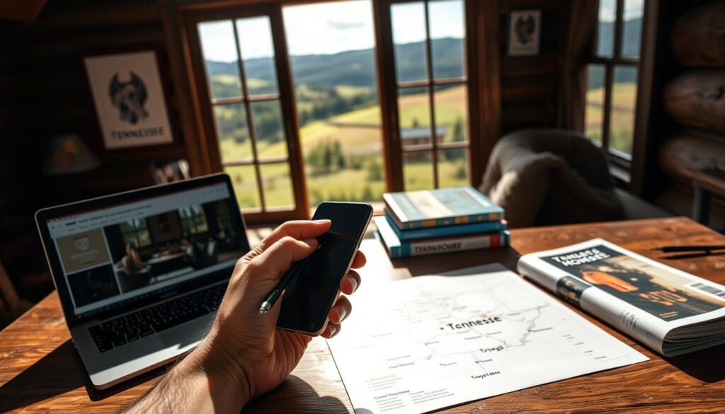 A cozy desk in a rustic cabin, sunlight streaming through the window, illuminating a laptop, smartphone, and a stack of travel guides. In the foreground, a hand holds a pen, poised to book a rental on a sleek, user-friendly platform. The middle ground features a map of Tennessee, with tiny homes in the countryside highlighted. The background showcases a picturesque view of rolling hills and lush greenery, setting the scene for a romantic weekend getaway. The overall mood is one of anticipation and adventure, inviting the viewer to embark on their own tiny home journey.